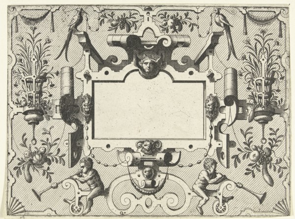 Cartouche surrounded by grotesques, with left and right a basket with flowers, Johannes or Lucas