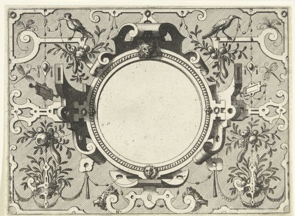 Round cartouche surrounded by scroll work with garlands and fruit bunches, Johannes or Lucas van