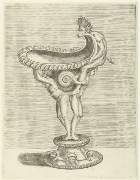 The bowl rests on a cochlea that is sandwiched between the backs of a man and a woman, the woman