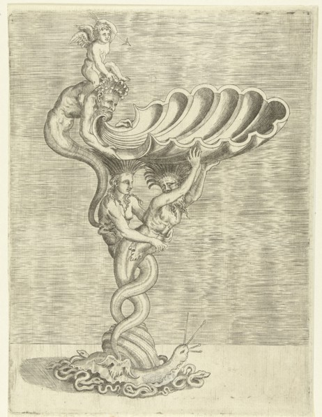 Scale in the form of a shell, supported by a mermaid and a merman, Balthazar van den Bos, Cornelis
