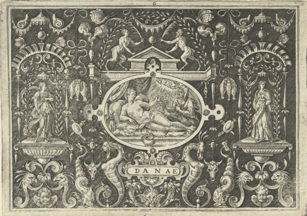 Cartouche with the presentation of Danae, lying on a canopy bed, Jupiter descends on her like a