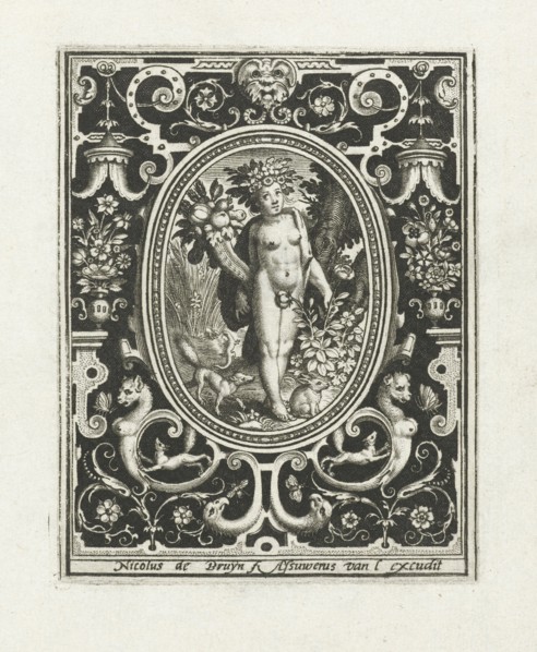 Element earth as a young woman with cornucopia and rosebush in picture frame with ornaments,