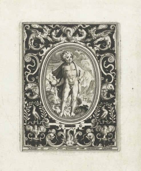 Element fire as a young man standing with thunderbolt in his hand in landscape with smoking