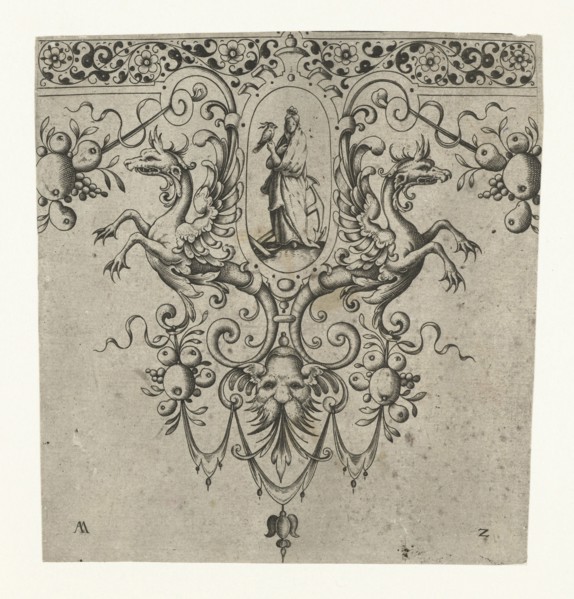 Ornament featuring a winged creature and a woman holding a bird, Germany, Anonymous, 1615