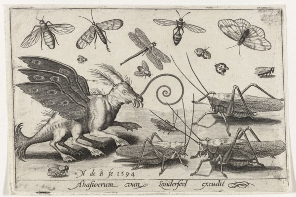 Locusts and fantasy creature with wings and webbed, Nicolaes de Bruyn, 1594
