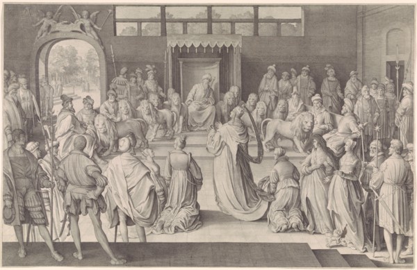 The Queen of Sheba kneels before King Solomon in the throne room, on either side of the throne of