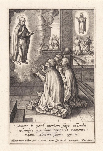 Appearance of Ignatius Loyola to three Jesuits, Hieronymus Wierix, 1611 - 1615