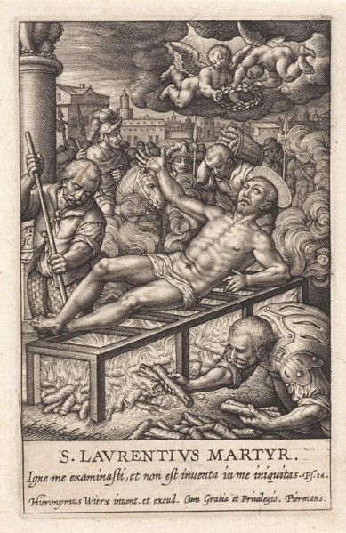 St. Lawrence laying on a lattice, a fire burns, his executioners stoke the fire, the prefect is