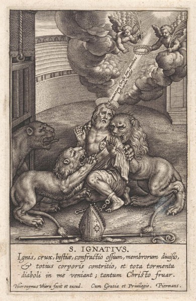 In an amphitheater, St. Ignatius, third bishop of Antioch, torn by lions, at its heart the monogram