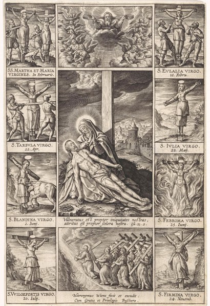 Pieta surrounded by scenes of crucified martyrs, Hieronymus Wierix, 1597 - 1619