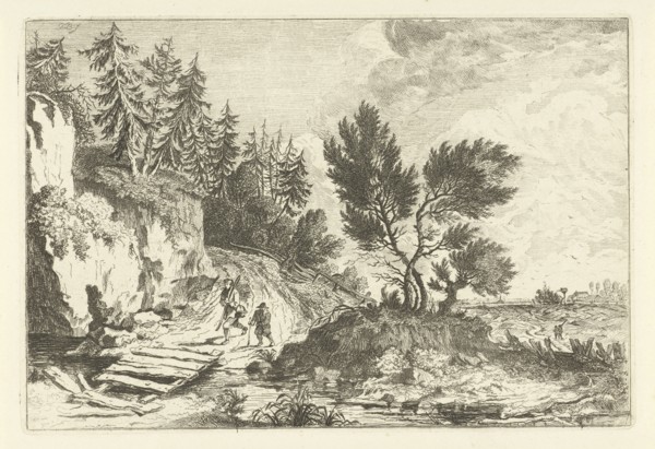 Two hikers on a bridge, Joannes Bemme, c. 1795 - c. 1810