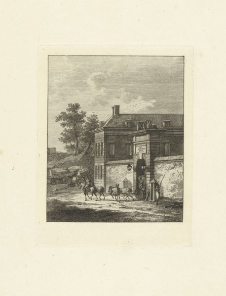 From a gate of a fort rides a chariot, next to the gate is a soldier on guard, print maker: Joannes
