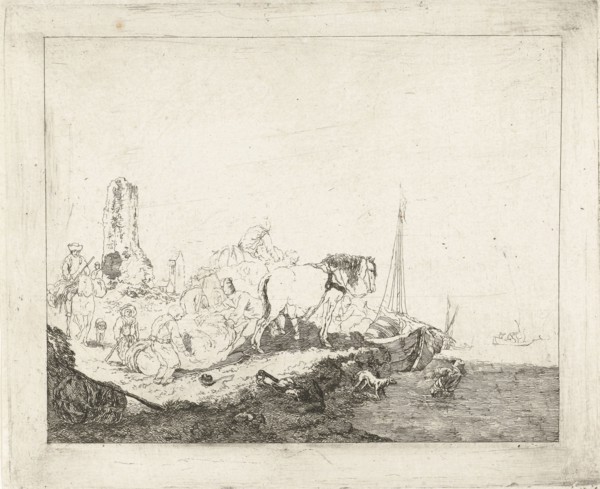 Beach Scene with man and dog in water, Joannes Bemme, 1795 - 1841