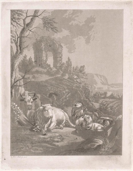 Cows, goats and sheep in a mountainous landscape with ruins, Diederik Jan Singendonck, 1814