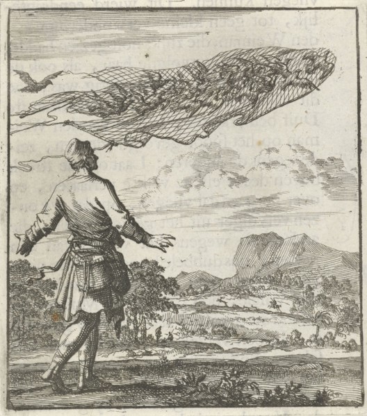 Bird catchers, bird netting, pigeons, Jan Luyken, Aart Wolsgrein, 1693