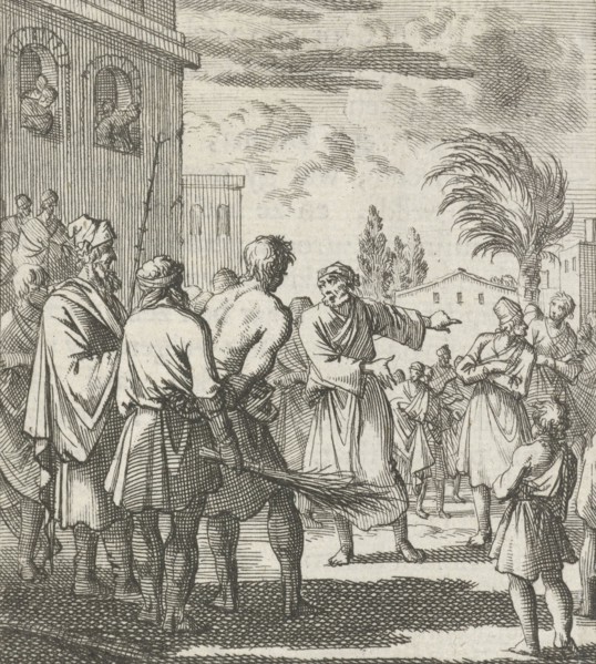 An executioner is ready to flog a prisoner, a hermit designate the court the person that has robbed