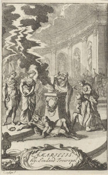Amaryllis in a temple near the body of Damon, who was killed by lightning, Caspar Luyken, erven