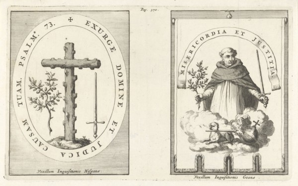 Medallion with cross of knotty wood, St. Dominic with sword and olive branch in hand, Jan Luyken,