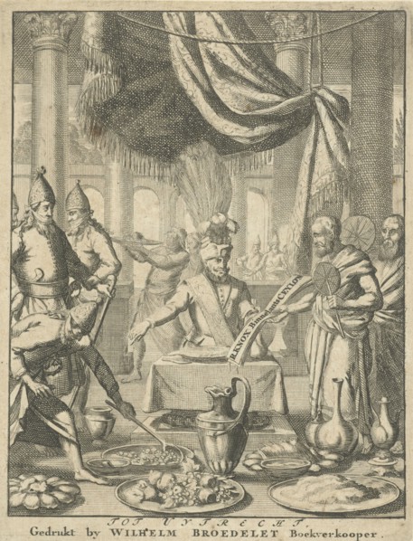Two priests offer a king a book during a meal, Jan Luyken, Willem Broedelet, 1692