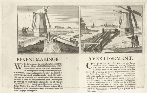 Announcement of a new type of water mill, ca. 1691, print maker: Caspar Luyken, 1691