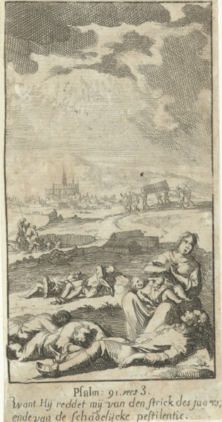 Landscape with figures suffering from the plague, Jan Luyken, Paulus Strobach, 1691