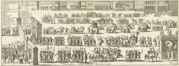 Triumphal procession over a square, Jan Luyken, FranÃ§ois Halma, 1690