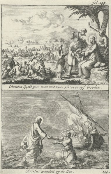 Miraculous multiplication of loaves and fishes by Christ and Christ on the water, Jan Luyken, Jan