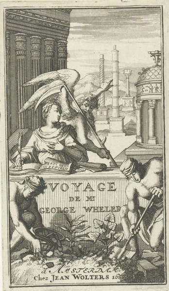 Father Time pointing out classic monuments to a woman who is writing, print maker: Jan Luyken,