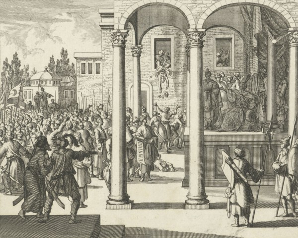 Man negotiates on throne with the leaders of the rebellious Janitzaren at Constantinople, Jan