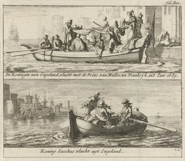 Flight of the king and queen to France, 1688, Jan Luyken, Jurriaen van Poolsum, 1689