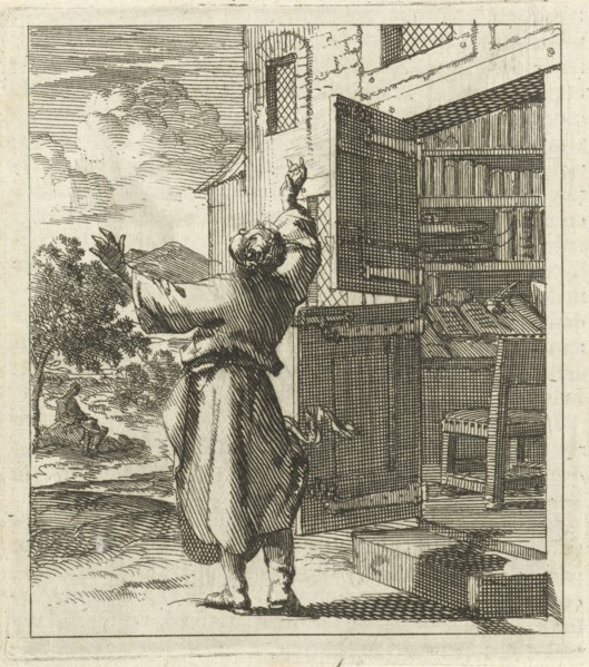 Man has left his study to see beyond the sky, Jan Luyken, wed. Pieter Arentsz (II), 1689