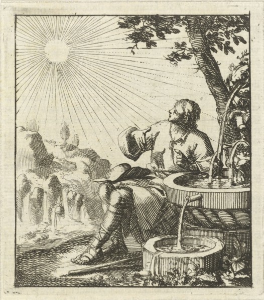 Man sitting next to a fountain, contemplating the sun, Jan Luyken, wed. Pieter Arentsz (II), 1689