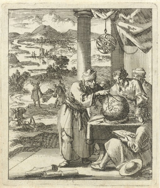 An elderly man makes for four young figures dimensions on a terrestrial globe, Jan Luyken, wed.