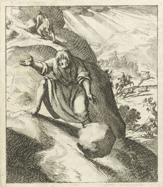 A man looks at a big stone rolling down a mountain after it slipped out of his hands, Jan Luyken,