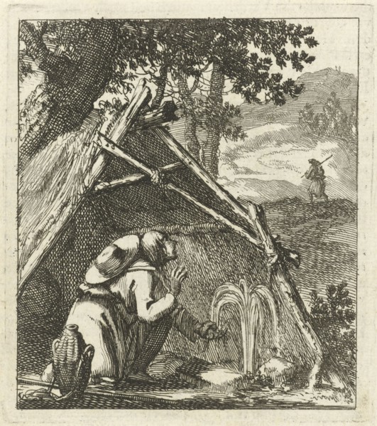 Traveler next to a well before a straw hut, print maker: Jan Luyken, wed. Pieter Arentsz II, 1689