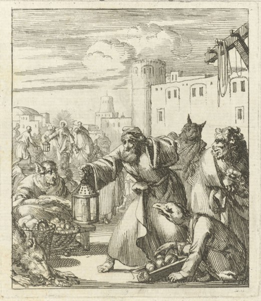 Diogenes find Satan disguised as merchant, in the background Christ is surrounded by figures, Jan
