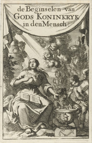 Seated woman pointing to a vase in which plants sprout, Jan Luyken, wed. Pieter Arentsz (II), 1689