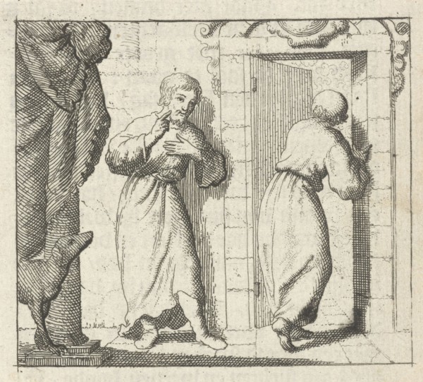 Two men at the open door of a room, print maker: Jan Luyken, Pieter Arentsz II, wed. Pieter Arentsz