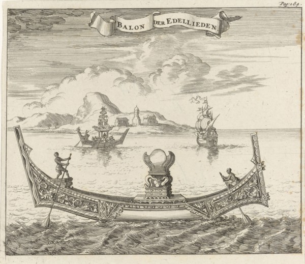 Boat of noblemen in Siam Thailand, Jan Luyken, Aart Dircksz Oossaan, 1687