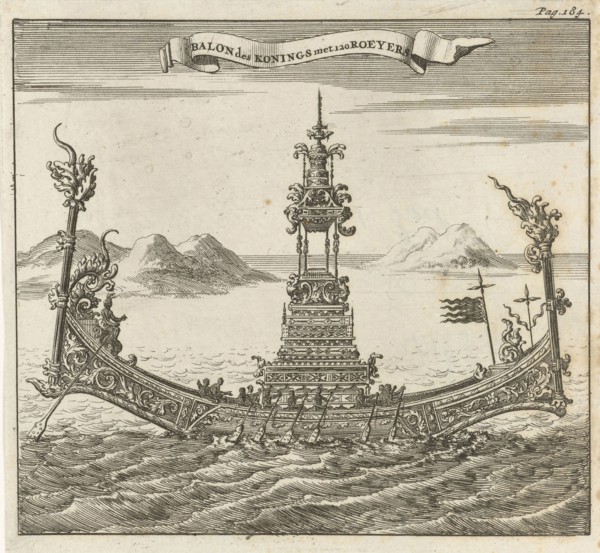 Royal vessel with 120 rowers in Siam Thailand, Jan Luyken, Aart Dircksz Oossaan, 1687