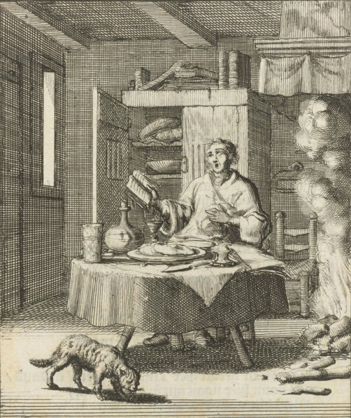 The writer William Shutter sits at a table and sings after meals from a Psalter, Jan Luyken,