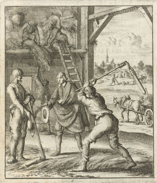 The writer William Shutter visits two farmers in a threshing barn, Jan Luyken, Gerbrandt Schagen,