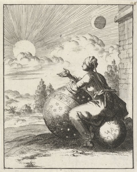 Female looking at the setting sun while sitting on a globe and leaning on a celestial globe, the