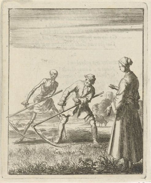 A woman beholds a mower behind whom stands Death with a scythe, Jan Luyken, Pieter Arentsz (II),