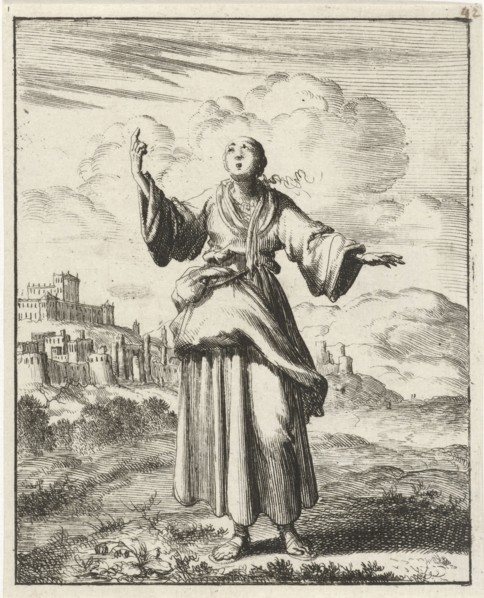 Woman pointing to the sky, Jan Luyken, Pieter Arentsz (II), 1687