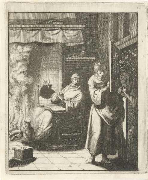 Woman opens the door for a figure who stands outside in a snowstorm, Jan Luyken, Pieter Arentsz II,