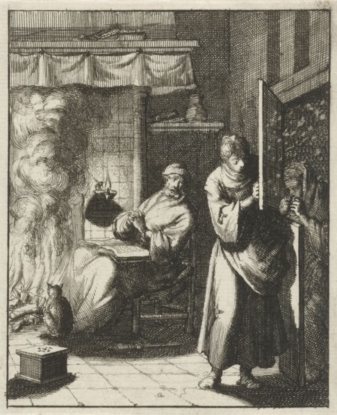 Woman opens the door for a figure who stands outside in a snowstorm, Jan Luyken, Pieter Arentsz II,