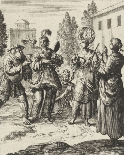 Female beholds a richly dressed lady who is chained to the World, Lust and the Devil, Jan Luyken,