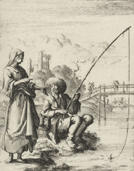 Woman in conversation with an angler, Jan Luyken, Pieter Arentsz (II), 1687