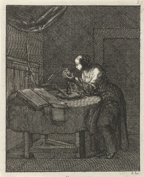 Woman blowing at a glowing candle wick, Jan Luyken, Pieter Arentsz (II), 1687